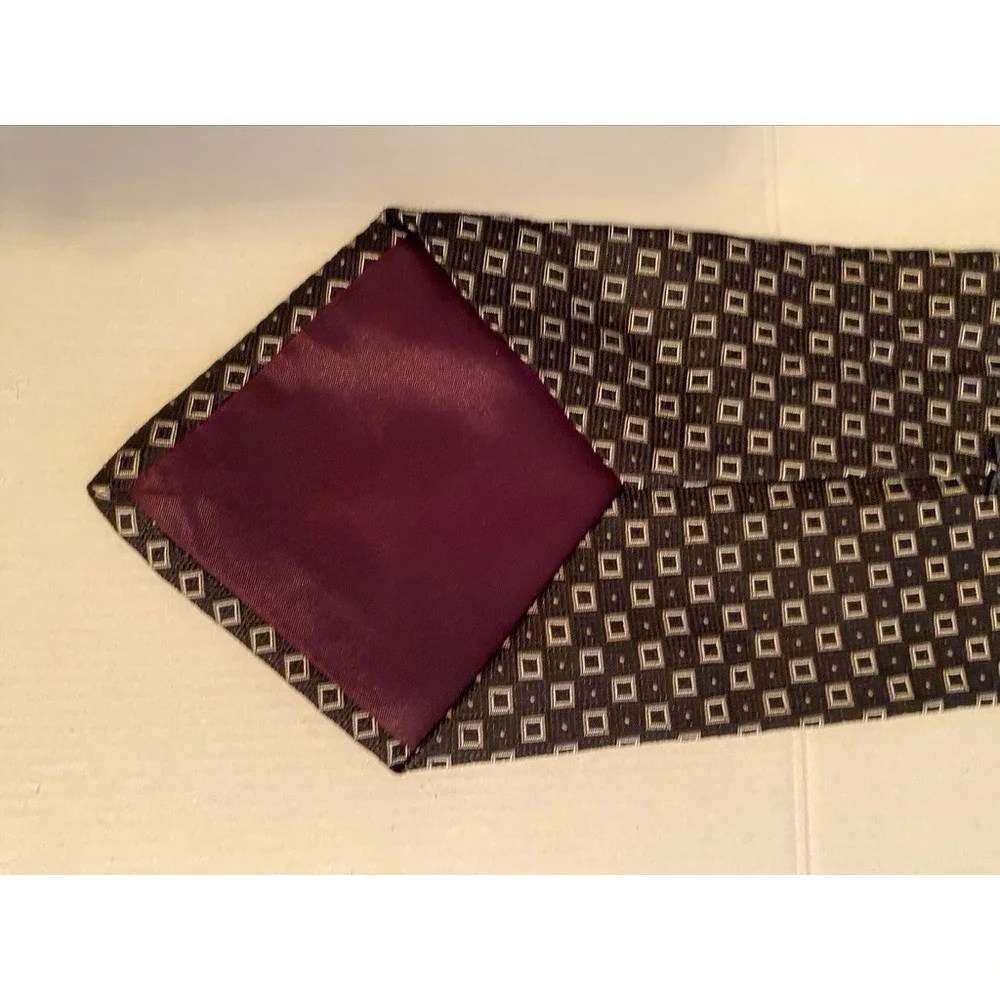 Polo Ralph Lauren Mens Silk Necktie Brown Tan Geometric Square Pattern Hand Made